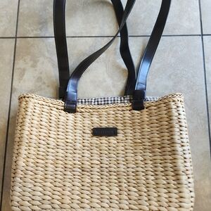 Tan Woven Handbag with Dark Brown Straps